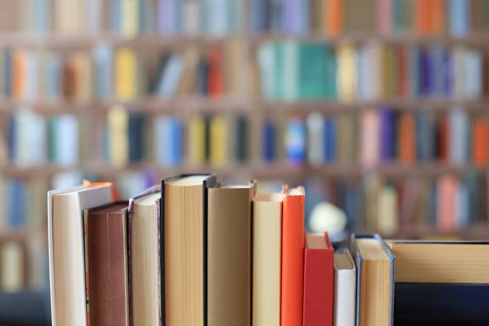 Books on the shelves in the library